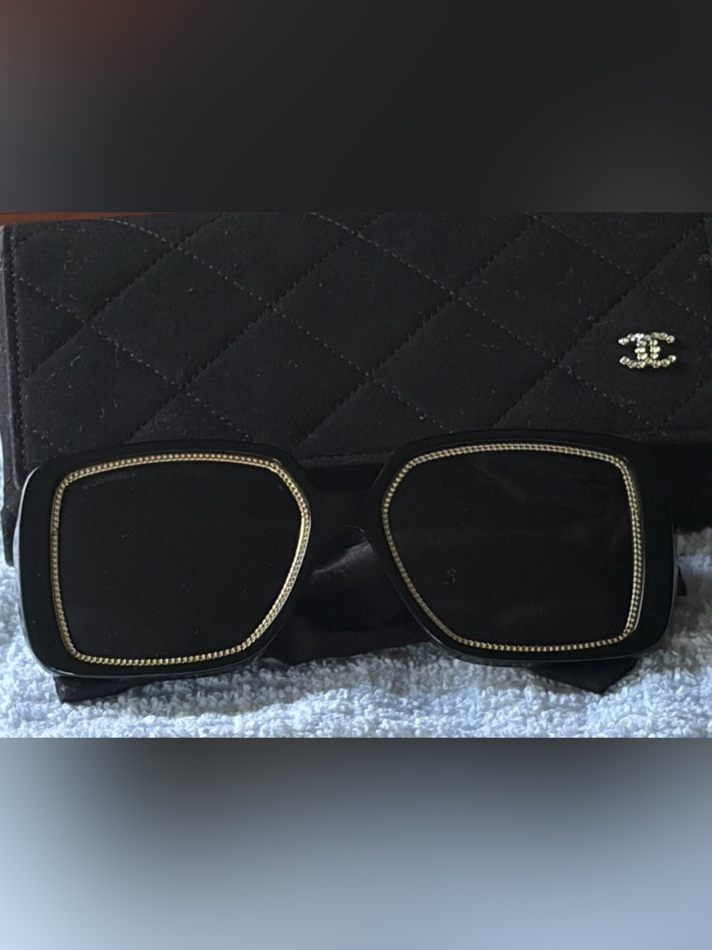 Chanel 71709A Black/Gold Chain Sunglasses with Case & Sleeves